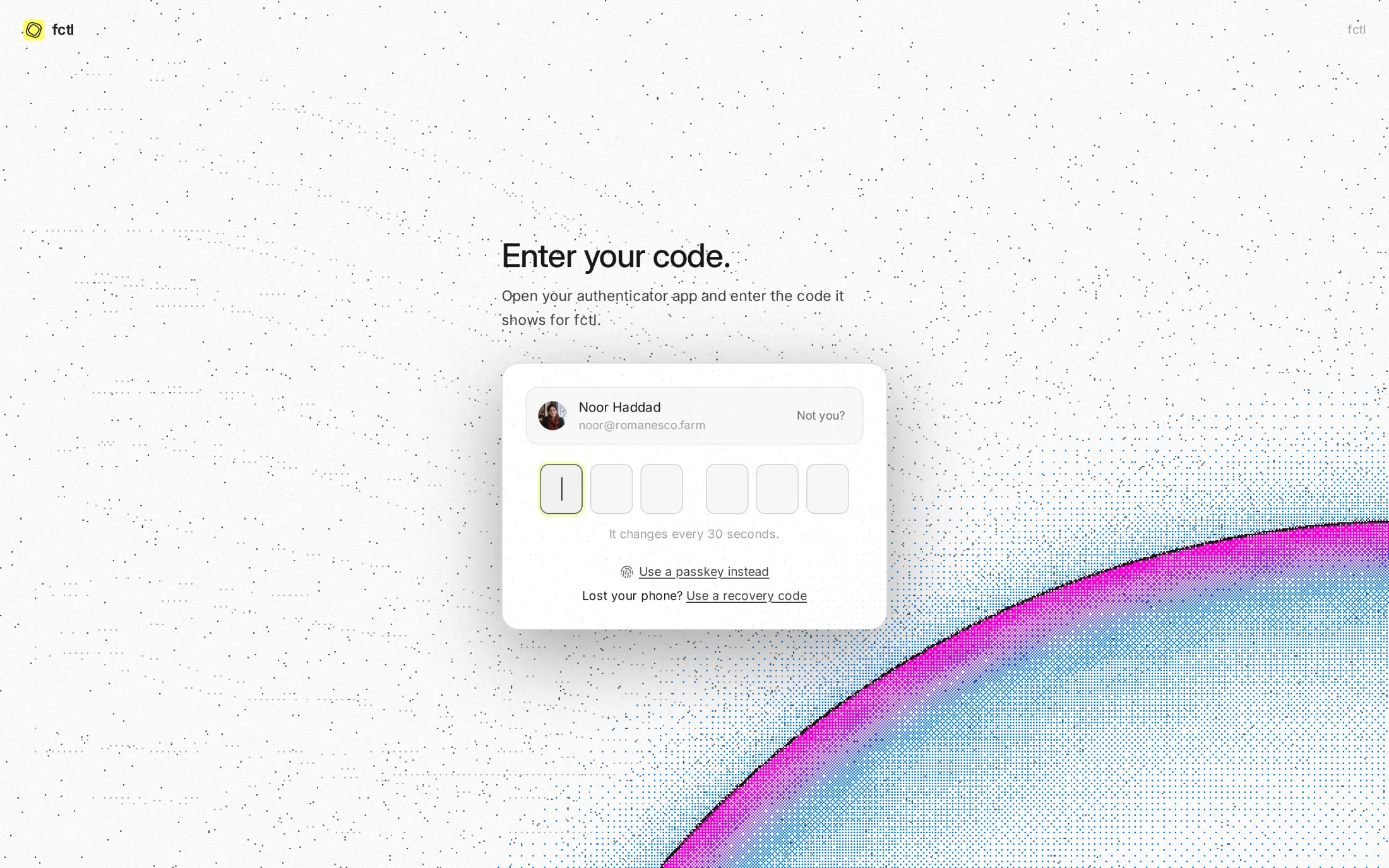Signing in as Noor after her password: enter your code, with her passkey or a recovery code instead.