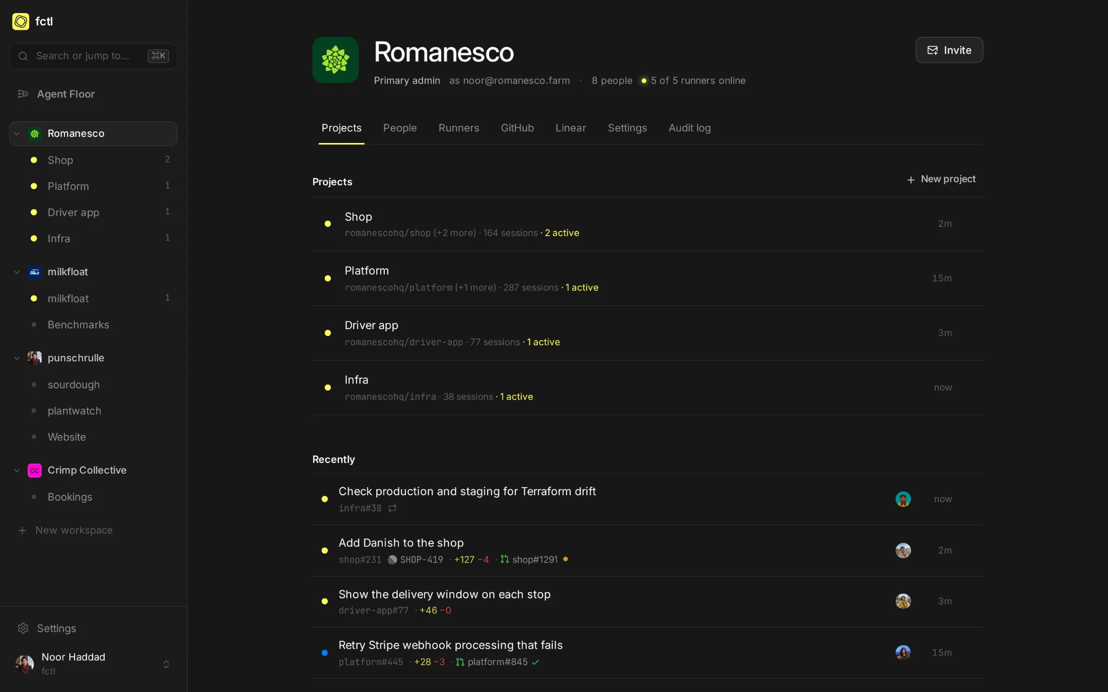 Romanesco's workspace: its four projects, with their repositories and sessions, and the sessions that ran lately.