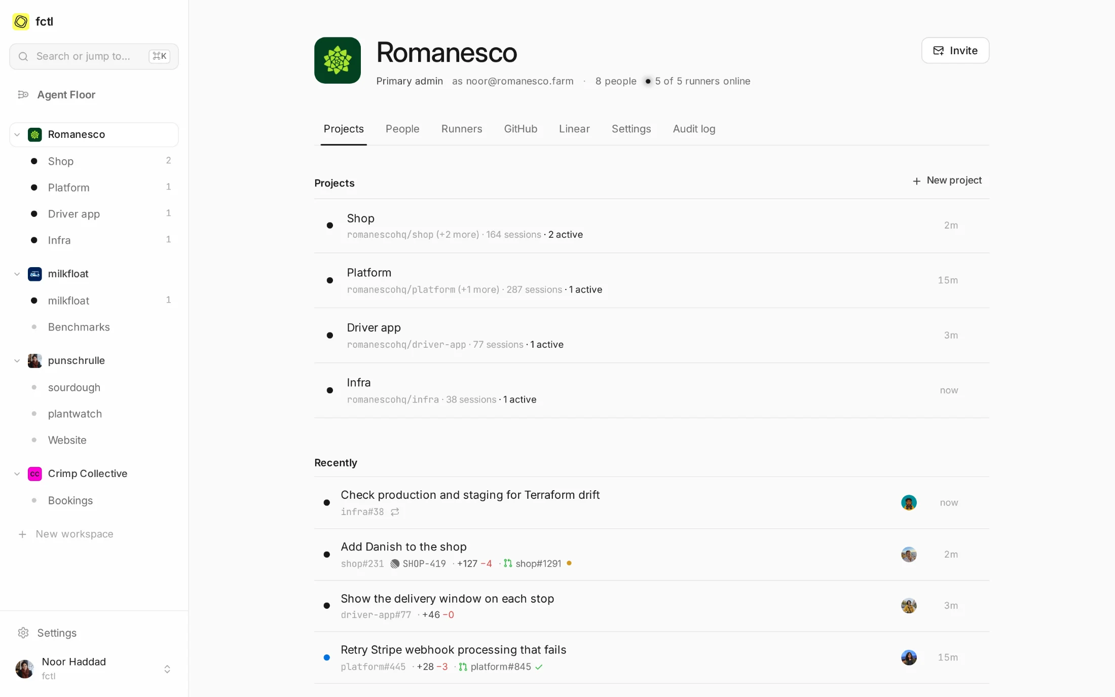 Romanesco's workspace: its four projects, with their repositories and sessions, and the sessions that ran lately.